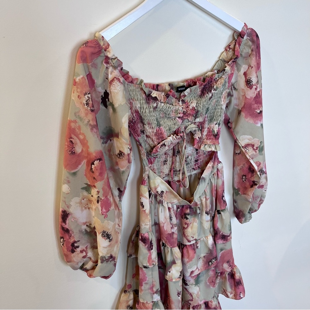 Windsor Golden Hour Floral Skater Dress Smocked Cut Out XS Ruffle Tiered - Picture 3 of 8